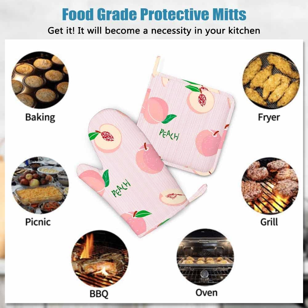 Pink Peach Silicone Oven Mitts and Pot Holders Sets Hand Drawn Fruits on Pink Striped Background BBQ Gloves for Kitchen,Cooking,Baking,Grilling