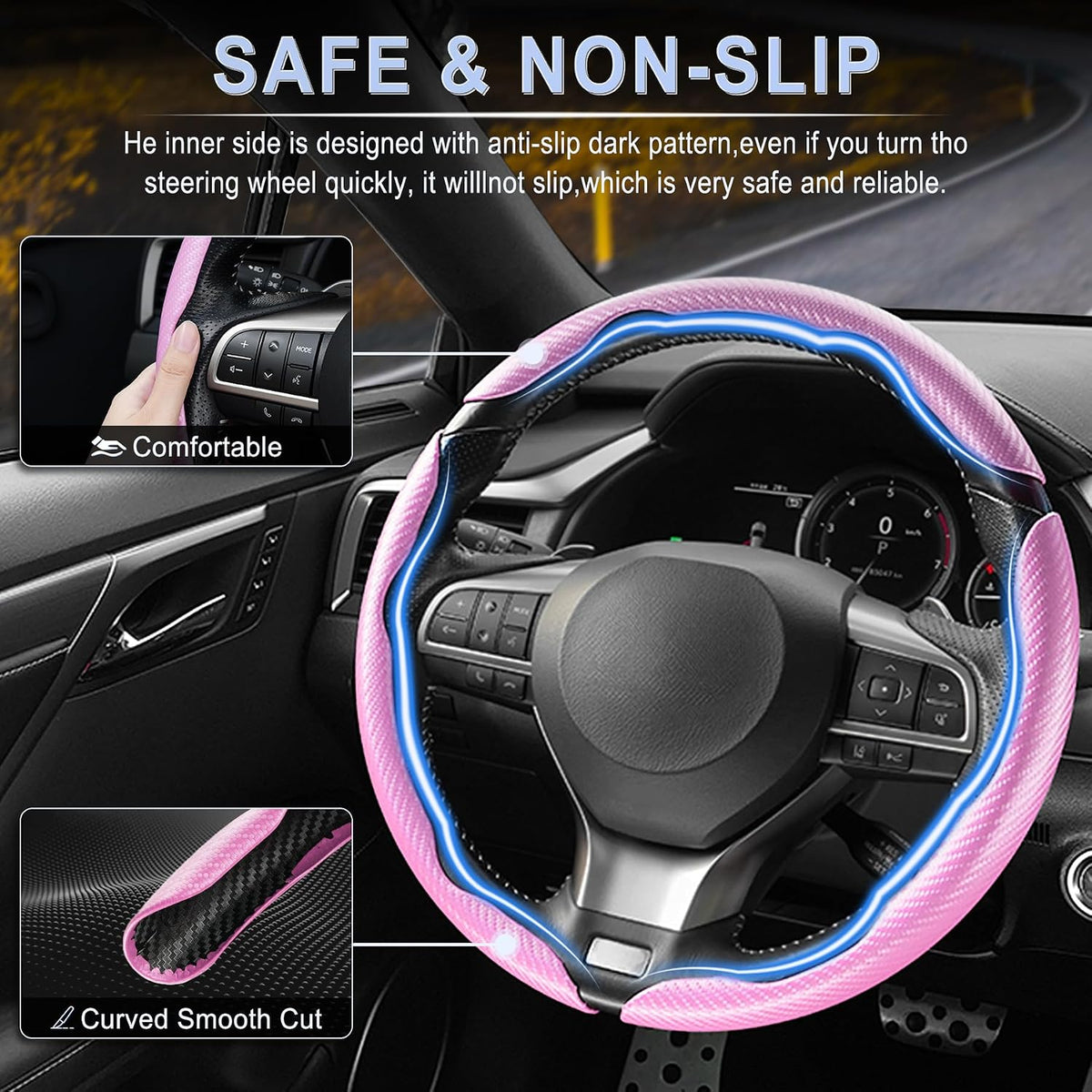 3pcs Carbon Fiber Anti-Skid Steering Wheel Cover, Waterproof & Segmented Butterfly Design, Universal 99% Vehicle Wheel Cover Protector, Car Interior Accessories (Pink-3pcs)