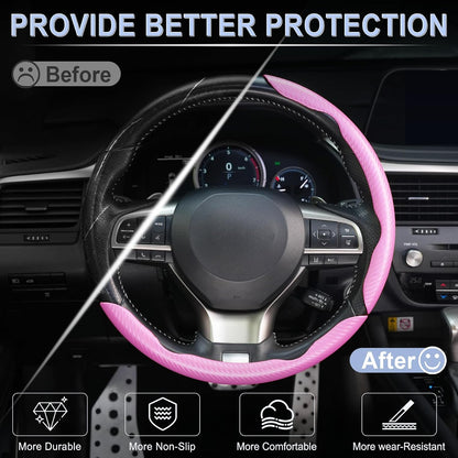 3pcs Carbon Fiber Anti-Skid Steering Wheel Cover, Waterproof & Segmented Butterfly Design, Universal 99% Vehicle Wheel Cover Protector, Car Interior Accessories (Pink-3pcs)