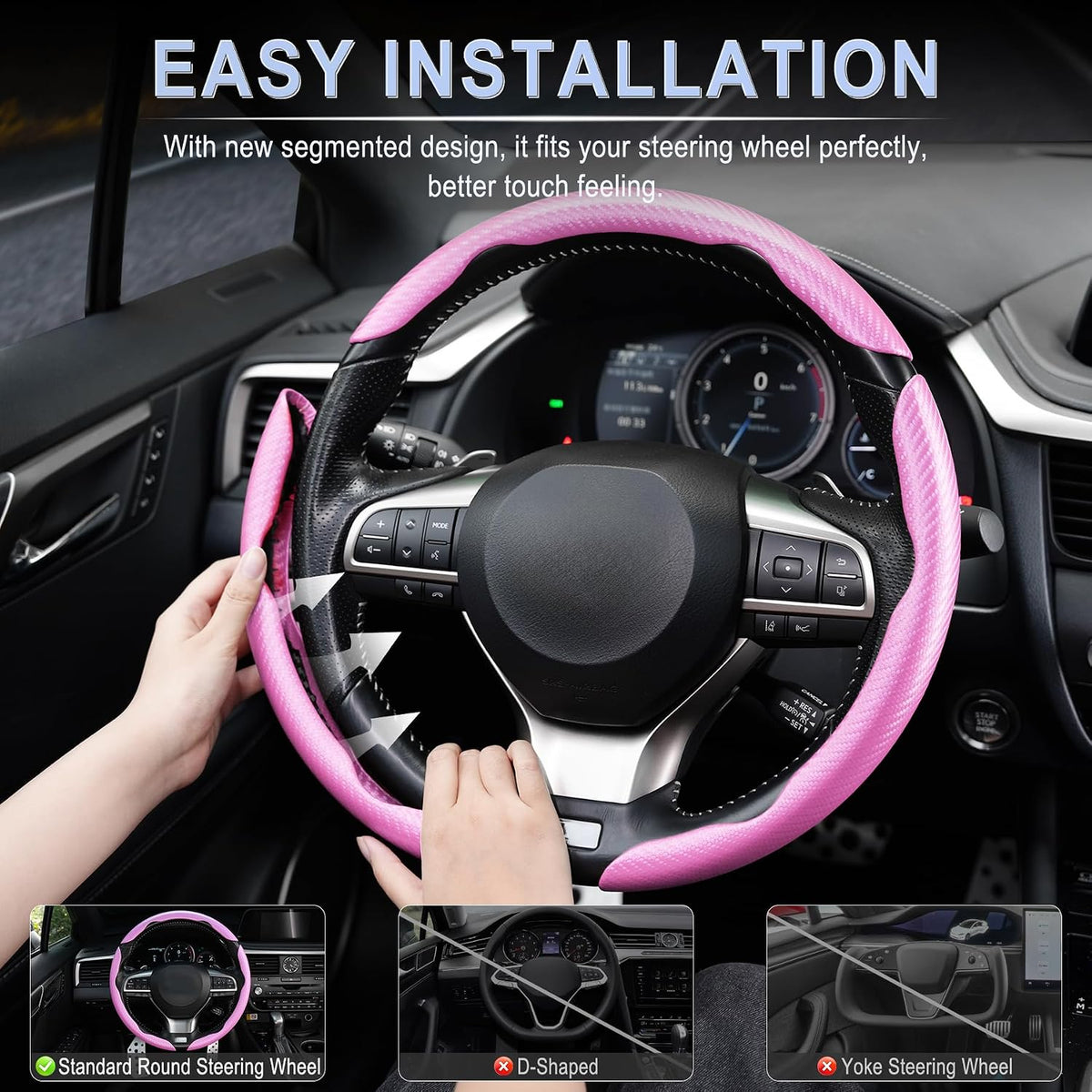 3pcs Carbon Fiber Anti-Skid Steering Wheel Cover, Waterproof & Segmented Butterfly Design, Universal 99% Vehicle Wheel Cover Protector, Car Interior Accessories (Pink-3pcs)