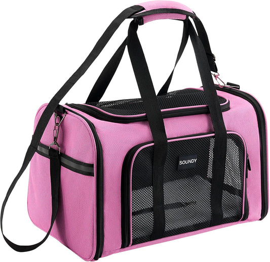 Large Cat Carrier Dog Carrier Under 25 Lbs,Collapsible Ventilated Portable Pet Bag with Soft Sided Breathable Mesh for Long Car Trips Maxi Load 2 Kittens or Small, Medium Dog (Large Pink)