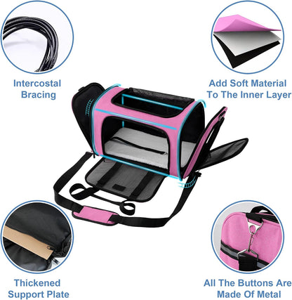 Large Cat Carrier Dog Carrier Under 25 Lbs,Collapsible Ventilated Portable Pet Bag with Soft Sided Breathable Mesh for Long Car Trips Maxi Load 2 Kittens or Small, Medium Dog (Large Pink)