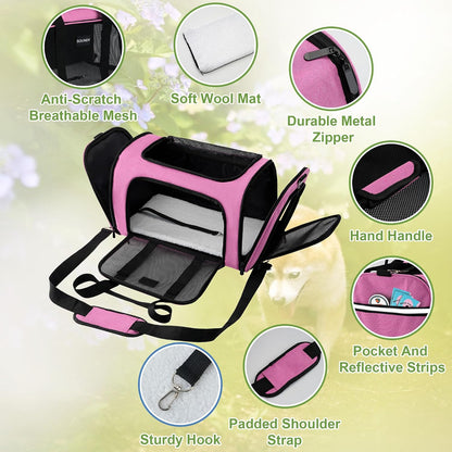 Large Cat Carrier Dog Carrier Under 25 Lbs,Collapsible Ventilated Portable Pet Bag with Soft Sided Breathable Mesh for Long Car Trips Maxi Load 2 Kittens or Small, Medium Dog (Large Pink)