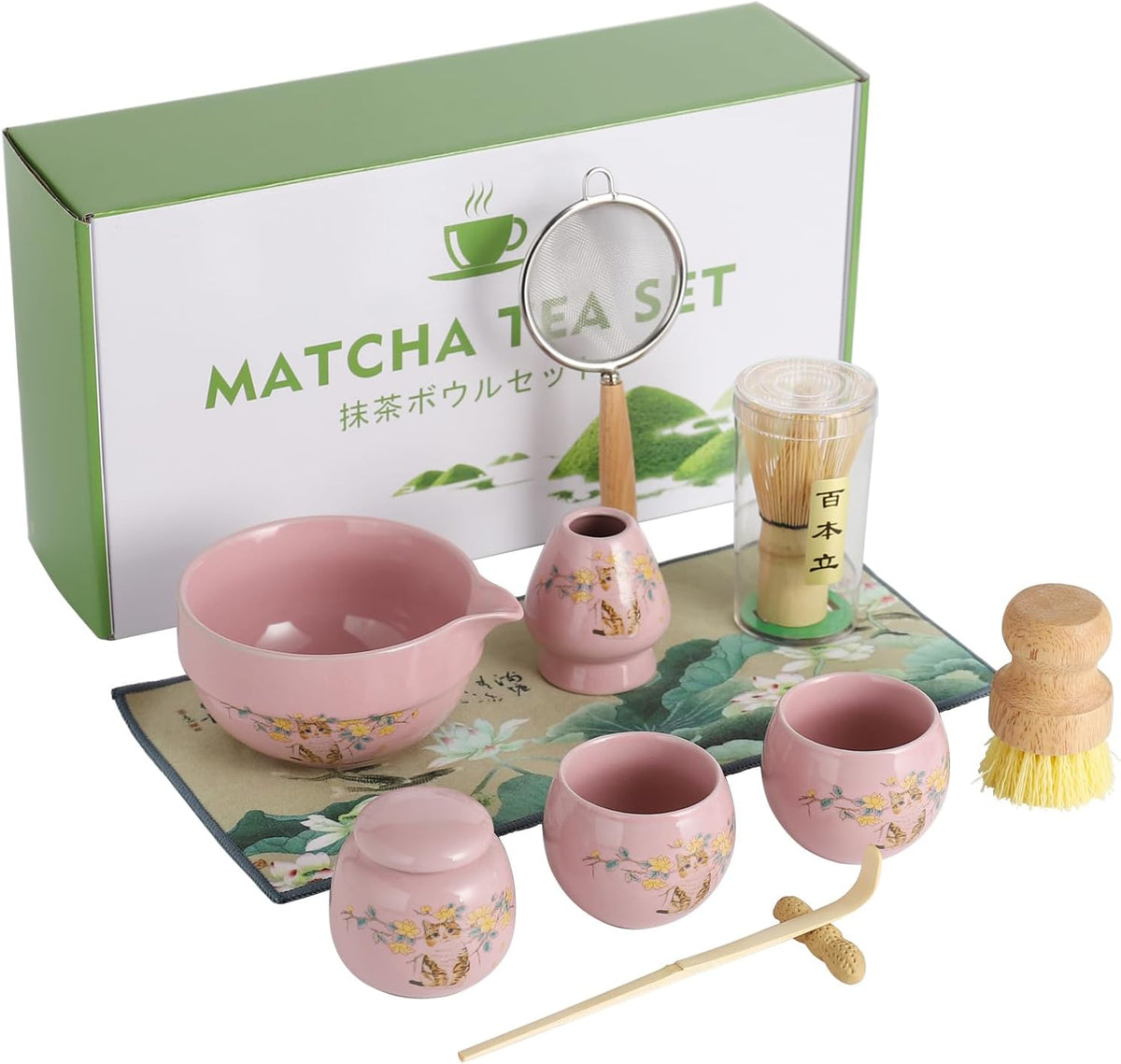 11 Pcs Matcha whisk Set,13 OZ,With 2 Cups and 1 Tea Can,Unique Cat Pattern Design，Complete Matcha Kit Set,Japanese Matcha Set,Perfect Matcha Kit for Matcha Tea Ceremony(Cat-Pink)