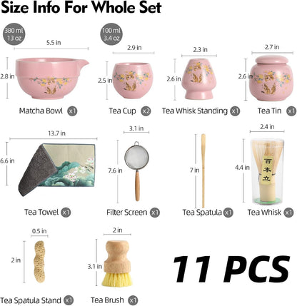 11 Pcs Matcha whisk Set,13 OZ,With 2 Cups and 1 Tea Can,Unique Cat Pattern Design，Complete Matcha Kit Set,Japanese Matcha Set,Perfect Matcha Kit for Matcha Tea Ceremony(Cat-Pink)