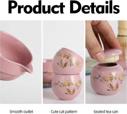 11 Pcs Matcha whisk Set,13 OZ,With 2 Cups and 1 Tea Can,Unique Cat Pattern Design，Complete Matcha Kit Set,Japanese Matcha Set,Perfect Matcha Kit for Matcha Tea Ceremony(Cat-Pink)