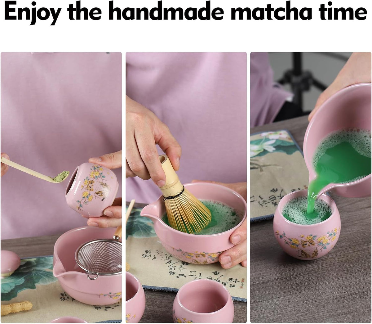 11 Pcs Matcha whisk Set,13 OZ,With 2 Cups and 1 Tea Can,Unique Cat Pattern Design，Complete Matcha Kit Set,Japanese Matcha Set,Perfect Matcha Kit for Matcha Tea Ceremony(Cat-Pink)