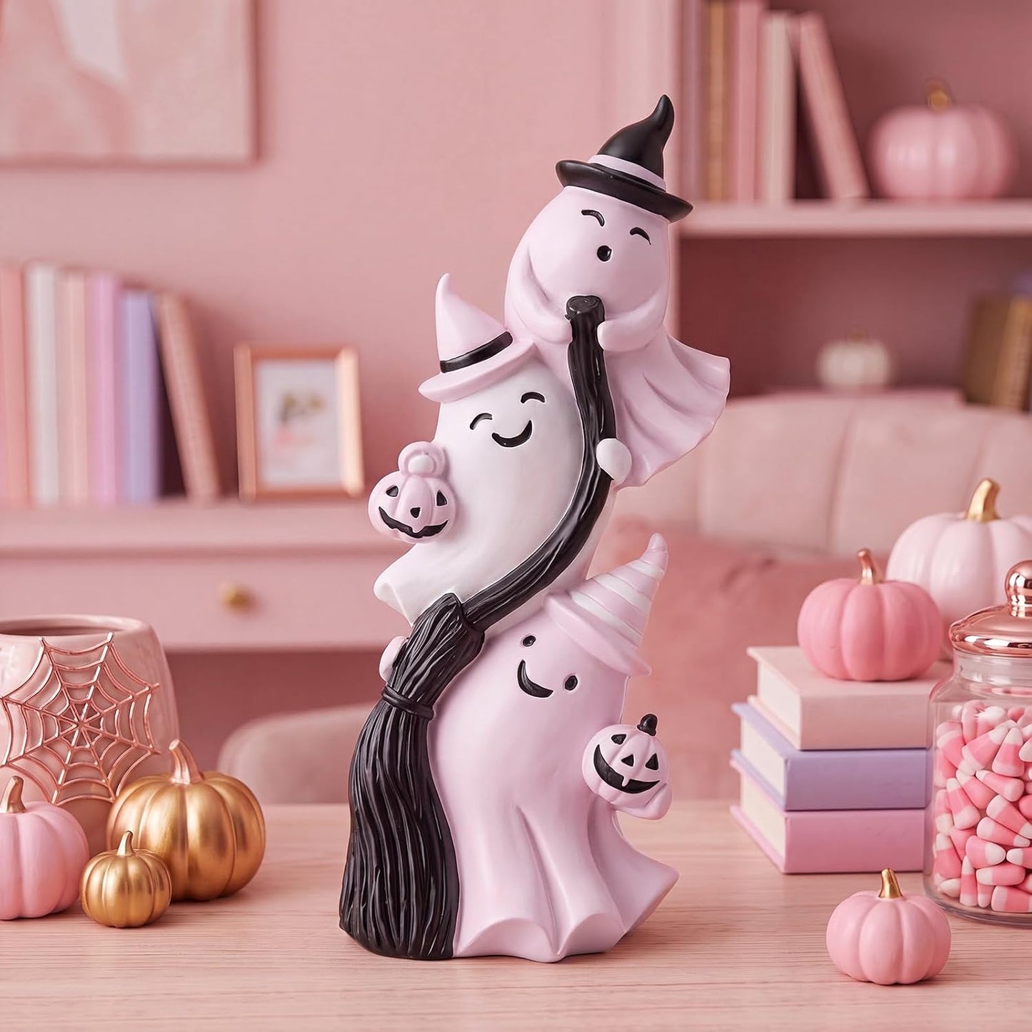 Cute Ghosts Halloween Figurine Pink White Table Decor Resin