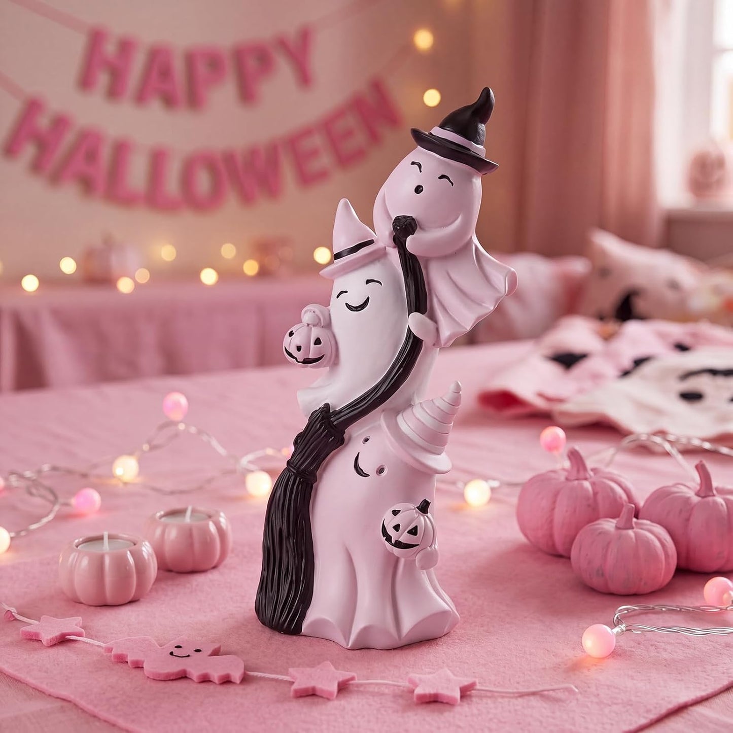 Cute Ghosts Halloween Figurine Pink White Table Decor Resin