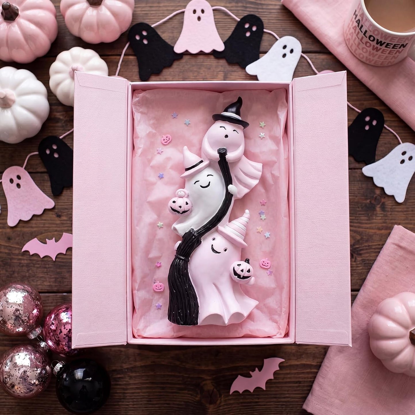 Cute Ghosts Halloween Figurine Pink White Table Decor Resin