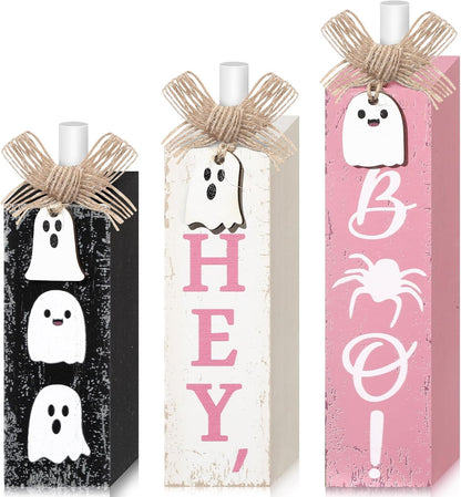 3 Pcs Pink Halloween Table Decor, Pastel Ghost Wood Decor for Home