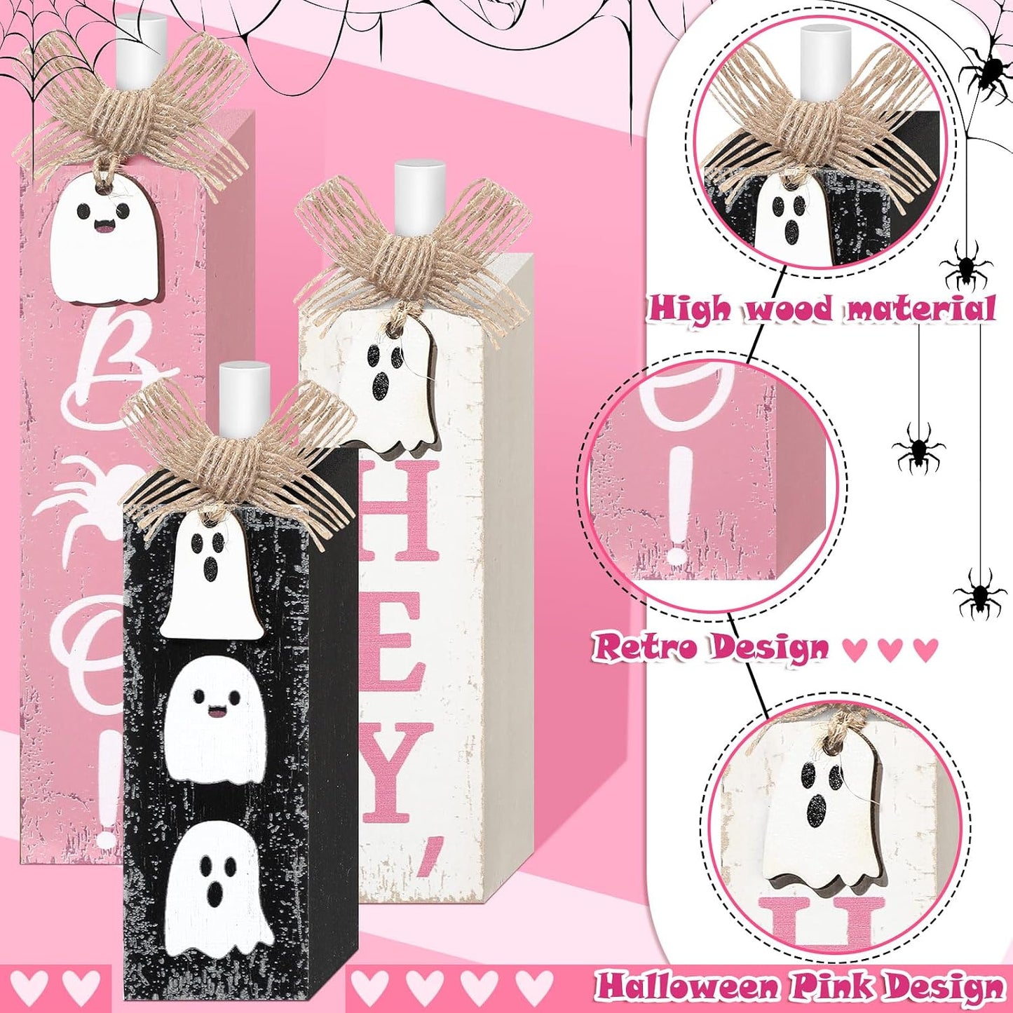 3 Pcs Pink Halloween Table Decor, Pastel Ghost Wood Decor for Home
