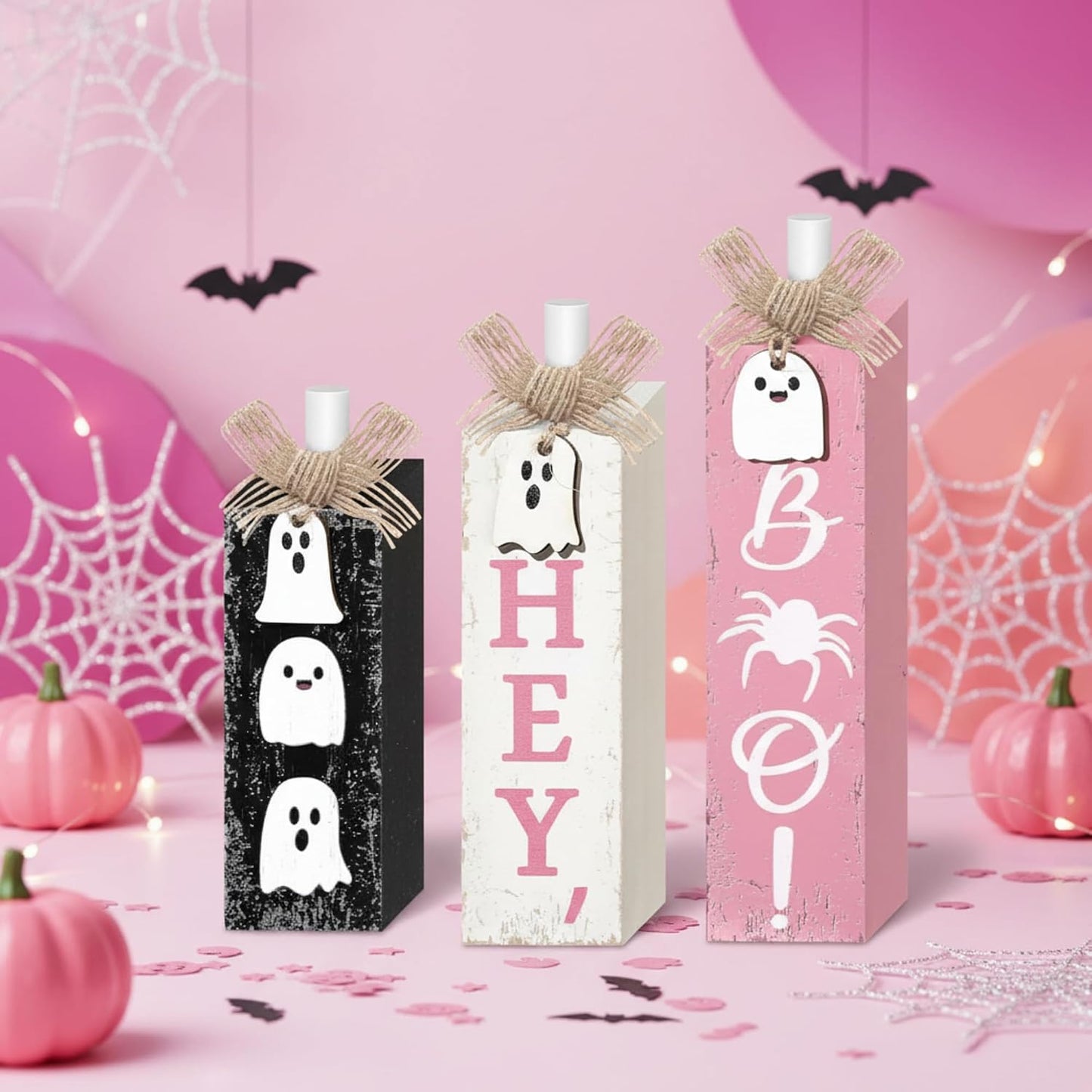 3 Pcs Pink Halloween Table Decor, Pastel Ghost Wood Decor for Home