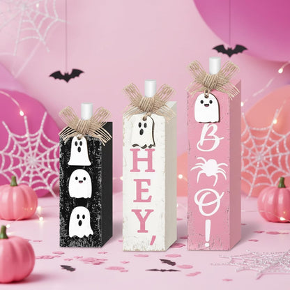 3 Pcs Pink Halloween Table Decor, Pastel Ghost Wood Decor for Home