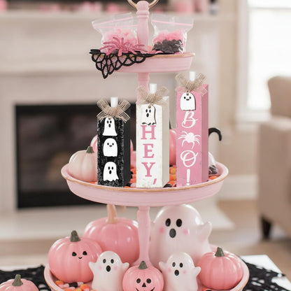 3 Pcs Pink Halloween Table Decor, Pastel Ghost Wood Decor for Home