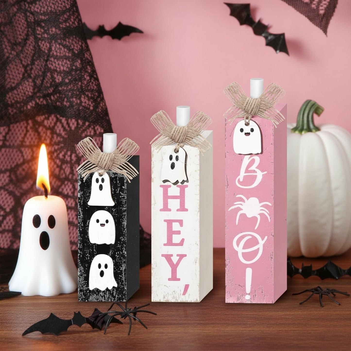 3 Pcs Pink Halloween Table Decor, Pastel Ghost Wood Decor for Home
