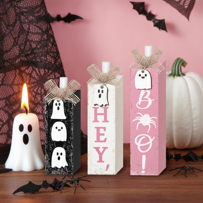 3 Pcs Pink Halloween Table Decor, Pastel Ghost Wood Decor for Home