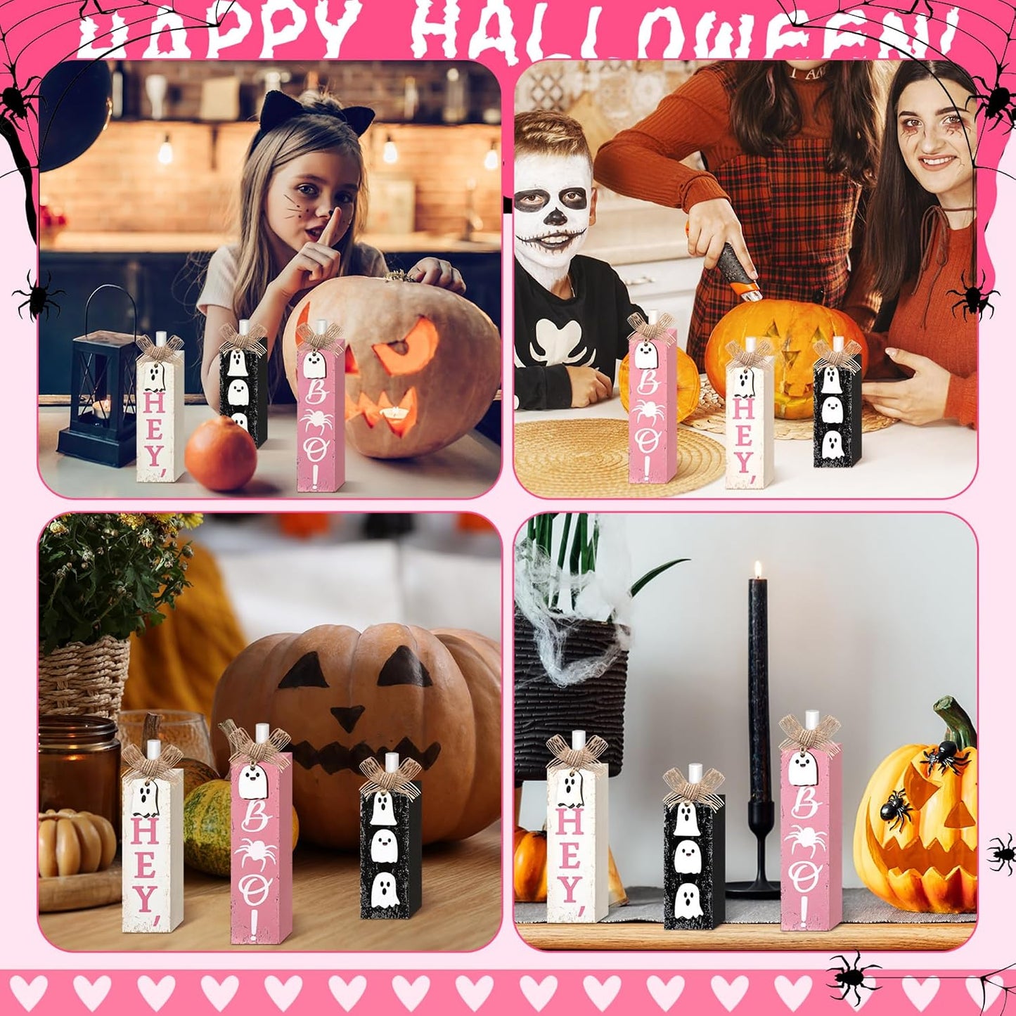 3 Pcs Pink Halloween Table Decor, Pastel Ghost Wood Decor for Home