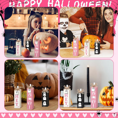 3 Pcs Pink Halloween Table Decor, Pastel Ghost Wood Decor for Home