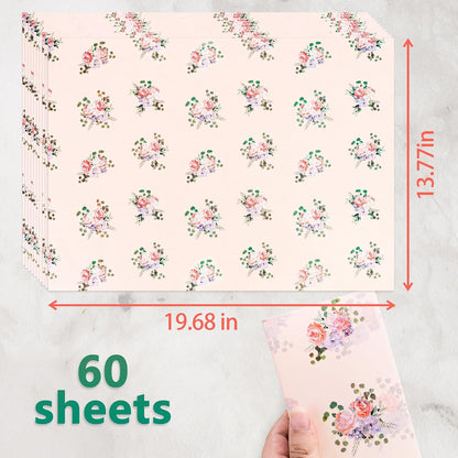 60 Sheets Pink Rose Floral Tissue Paper Bulk, 14 x 20 inch, Rose Floral Tissue Paper for Gift Bags, Baby Showers, Wedding, Birthday Party