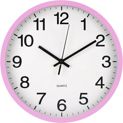 Wall Clock Non-Ticking Silent Quartz Movement Decor Clock Modern Simple Style Round Plastic Wall Clocks for Home/Office/School/Living Room/Bedroom/Kitchen (Pink, 12 Inch)