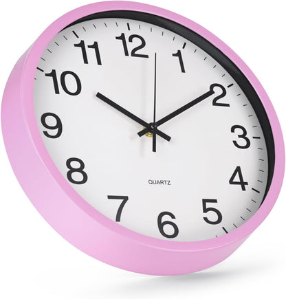 Wall Clock Non-Ticking Silent Quartz Movement Decor Clock Modern Simple Style Round Plastic Wall Clocks for Home/Office/School/Living Room/Bedroom/Kitchen (Pink, 12 Inch)