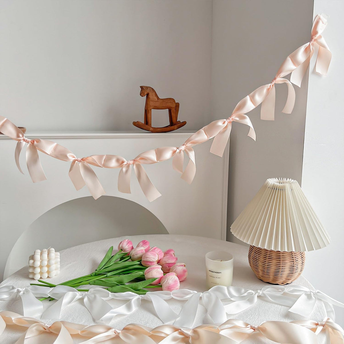 Peach Bow Garland Pre-Assembled | 6ft Silk Satin Bow Banner for Coquette Bachelorette Party, Soft Blush Baby Shower,Bridal Shower Wedding Baby Room Bed Decor (Peach, 6ft)