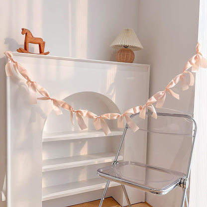 Peach Bow Garland Pre-Assembled | 6ft Silk Satin Bow Banner for Coquette Bachelorette Party, Soft Blush Baby Shower,Bridal Shower Wedding Baby Room Bed Decor (Peach, 6ft)