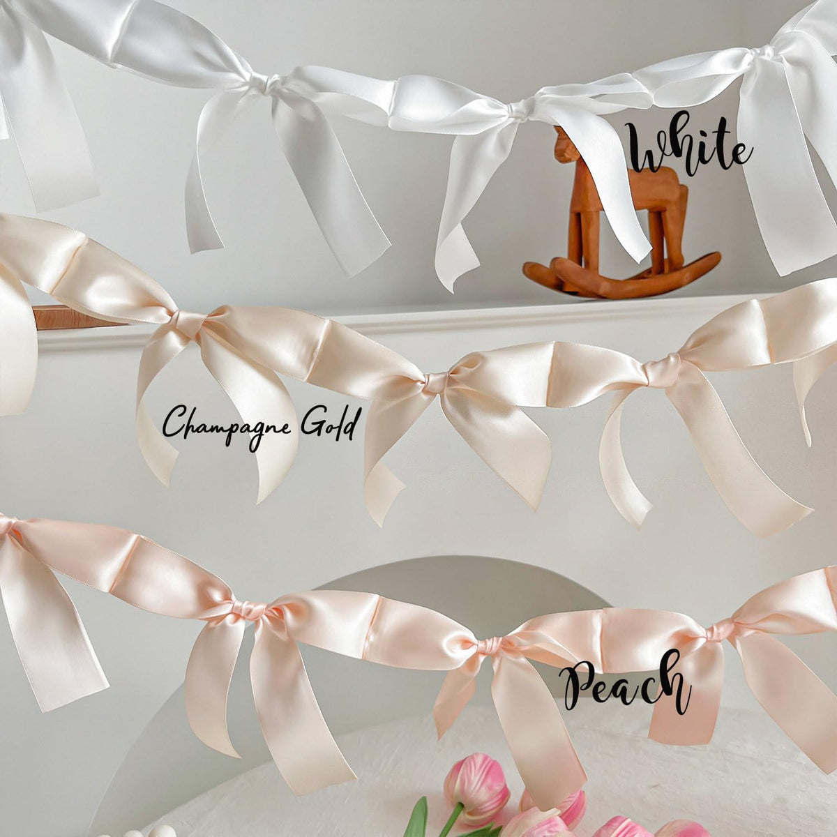 Peach Bow Garland Pre-Assembled | 6ft Silk Satin Bow Banner for Coquette Bachelorette Party, Soft Blush Baby Shower,Bridal Shower Wedding Baby Room Bed Decor (Peach, 6ft)