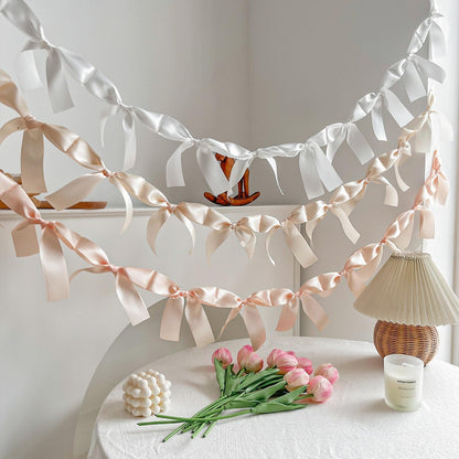 Peach Bow Garland Pre-Assembled | 6ft Silk Satin Bow Banner for Coquette Bachelorette Party, Soft Blush Baby Shower,Bridal Shower Wedding Baby Room Bed Decor (Peach, 6ft)
