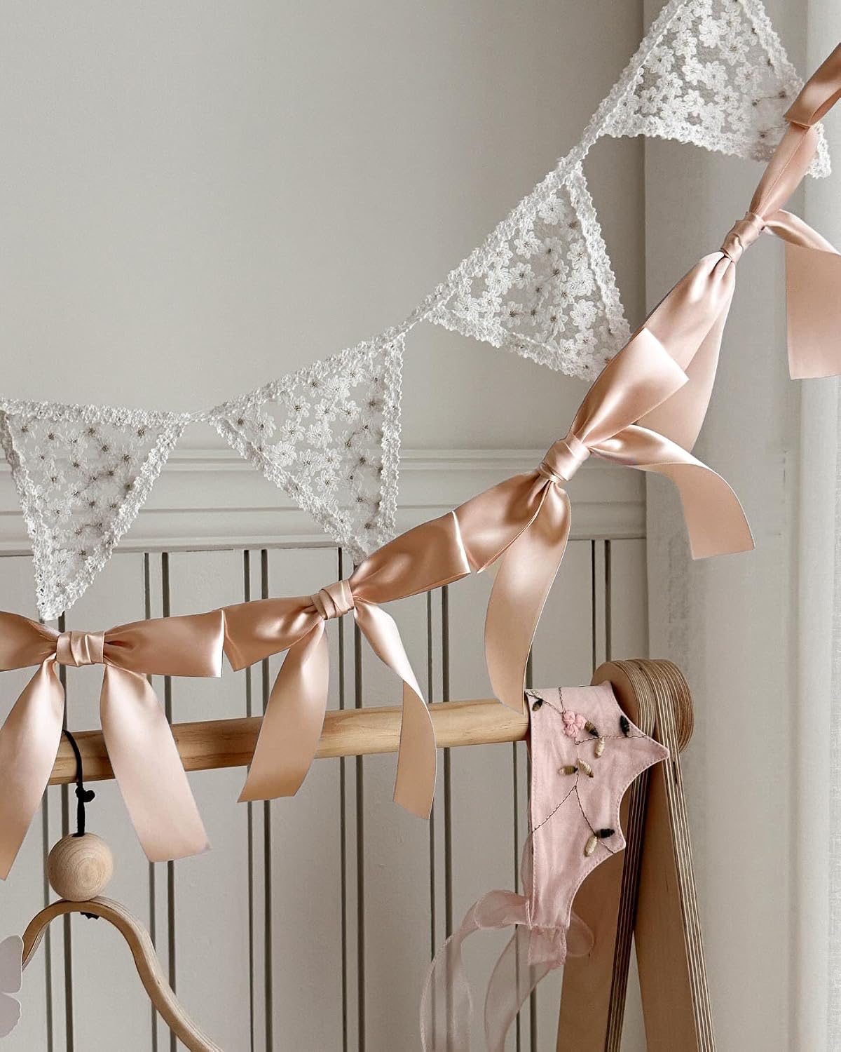 Peach Bow Garland Pre-Assembled | 6ft Silk Satin Bow Banner for Coquette Bachelorette Party, Soft Blush Baby Shower,Bridal Shower Wedding Baby Room Bed Decor (Peach, 6ft)