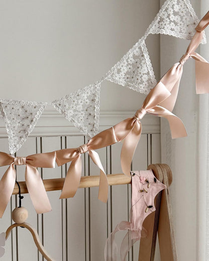 Peach Bow Garland Pre-Assembled | 6ft Silk Satin Bow Banner for Coquette Bachelorette Party, Soft Blush Baby Shower,Bridal Shower Wedding Baby Room Bed Decor (Peach, 6ft)