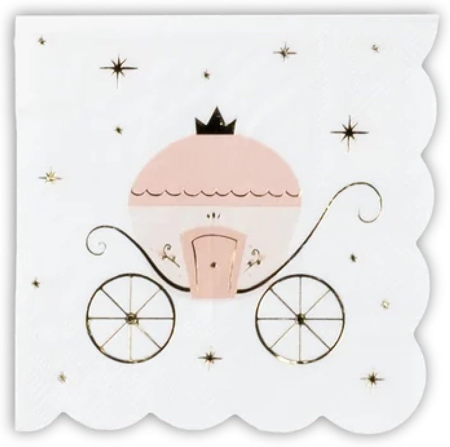 Princess Carriage Cocktail Napkins, Pink and White, Scalloped Edges, Gold Foil Details