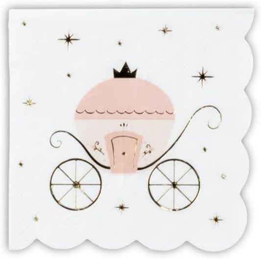 Princess Carriage Cocktail Napkins, Pink and White, Scalloped Edges, Gold Foil Details