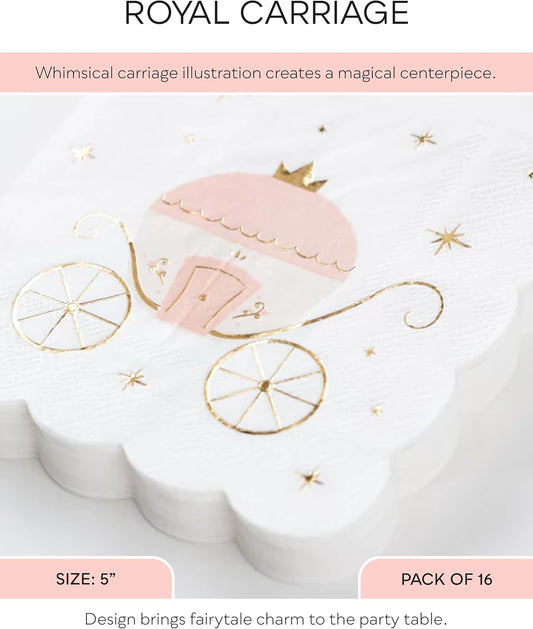 Princess Carriage Cocktail Napkins, Pink and White, Scalloped Edges, Gold Foil Details