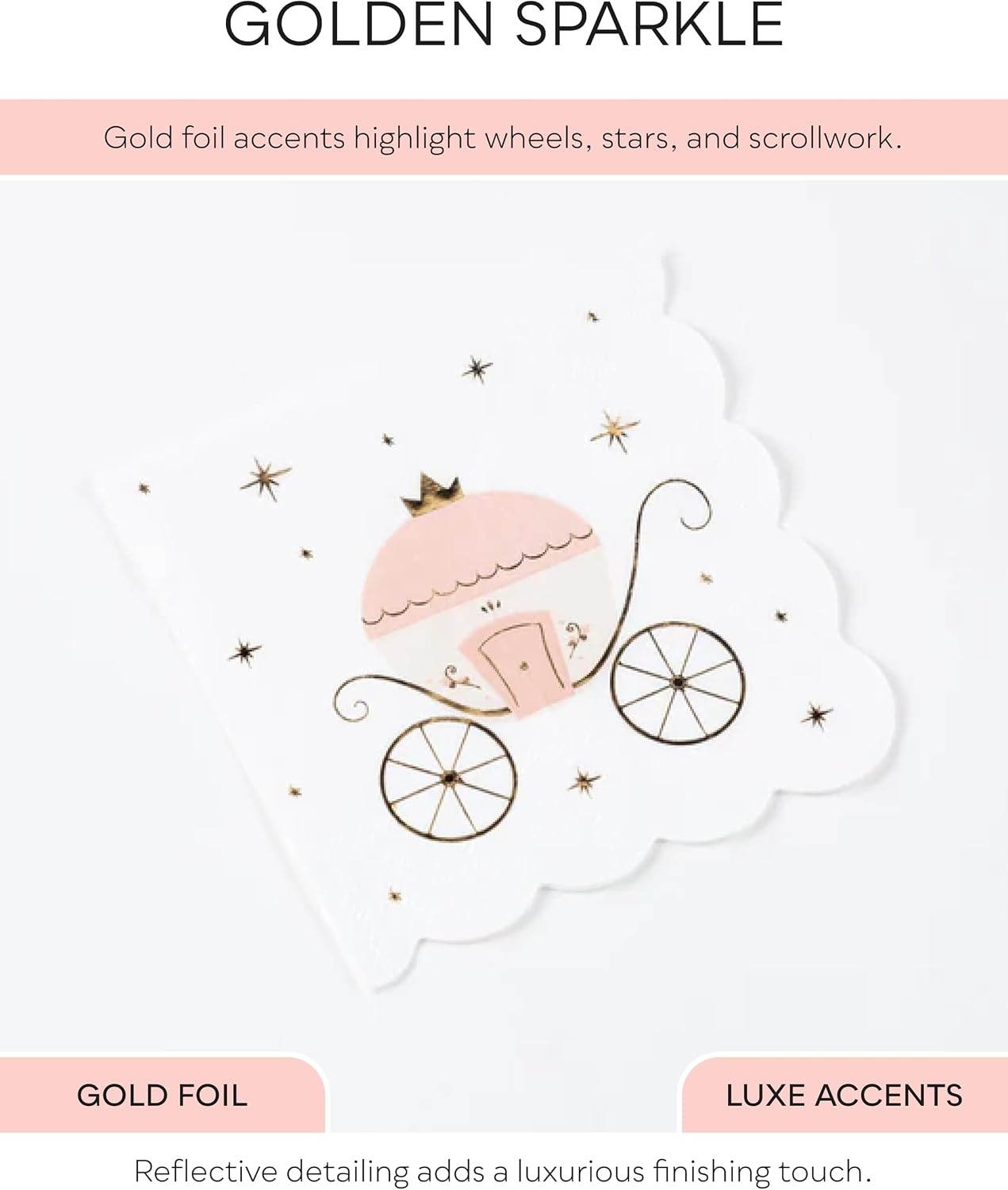 Princess Carriage Cocktail Napkins, Pink and White, Scalloped Edges, Gold Foil Details