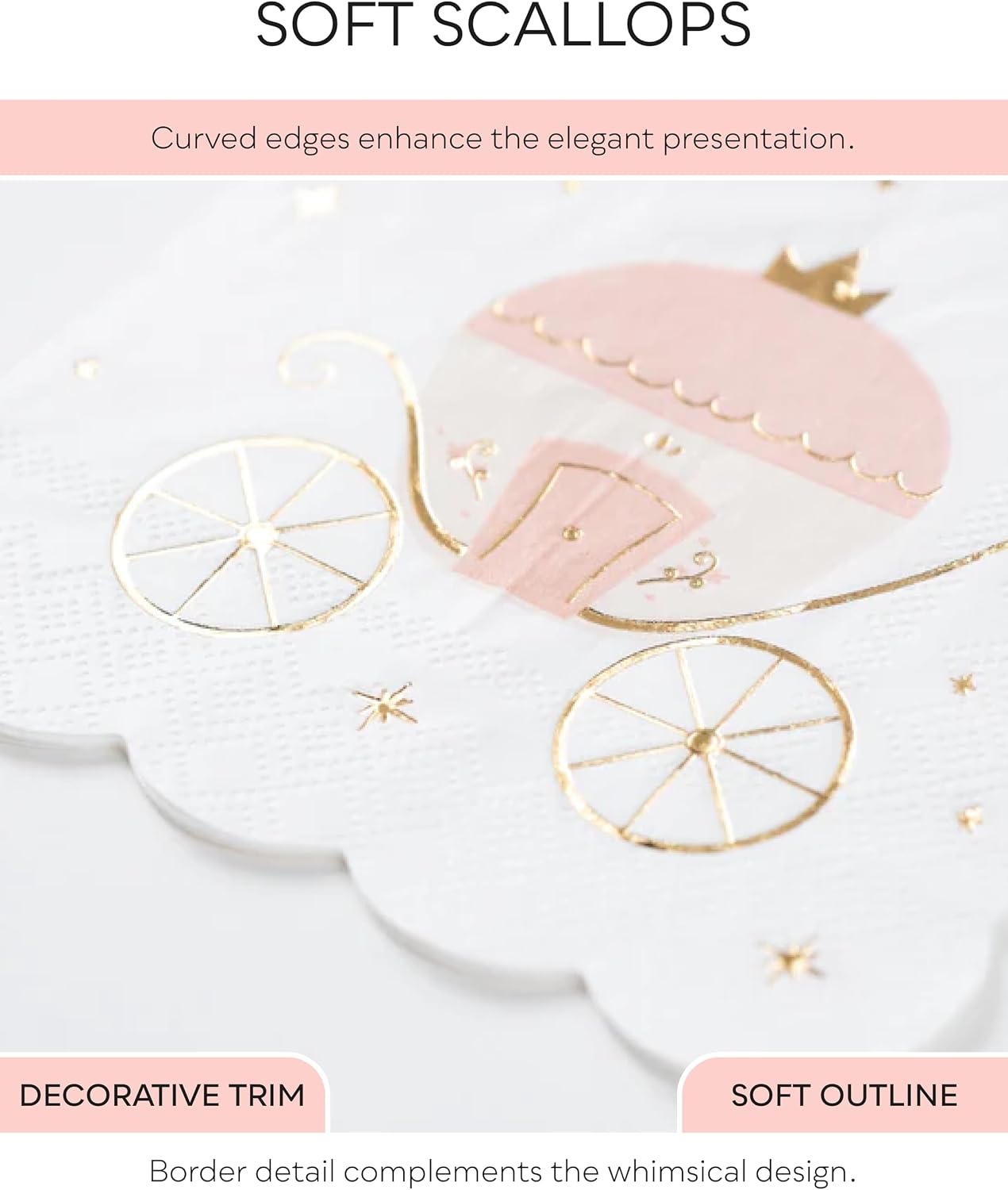Princess Carriage Cocktail Napkins, Pink and White, Scalloped Edges, Gold Foil Details