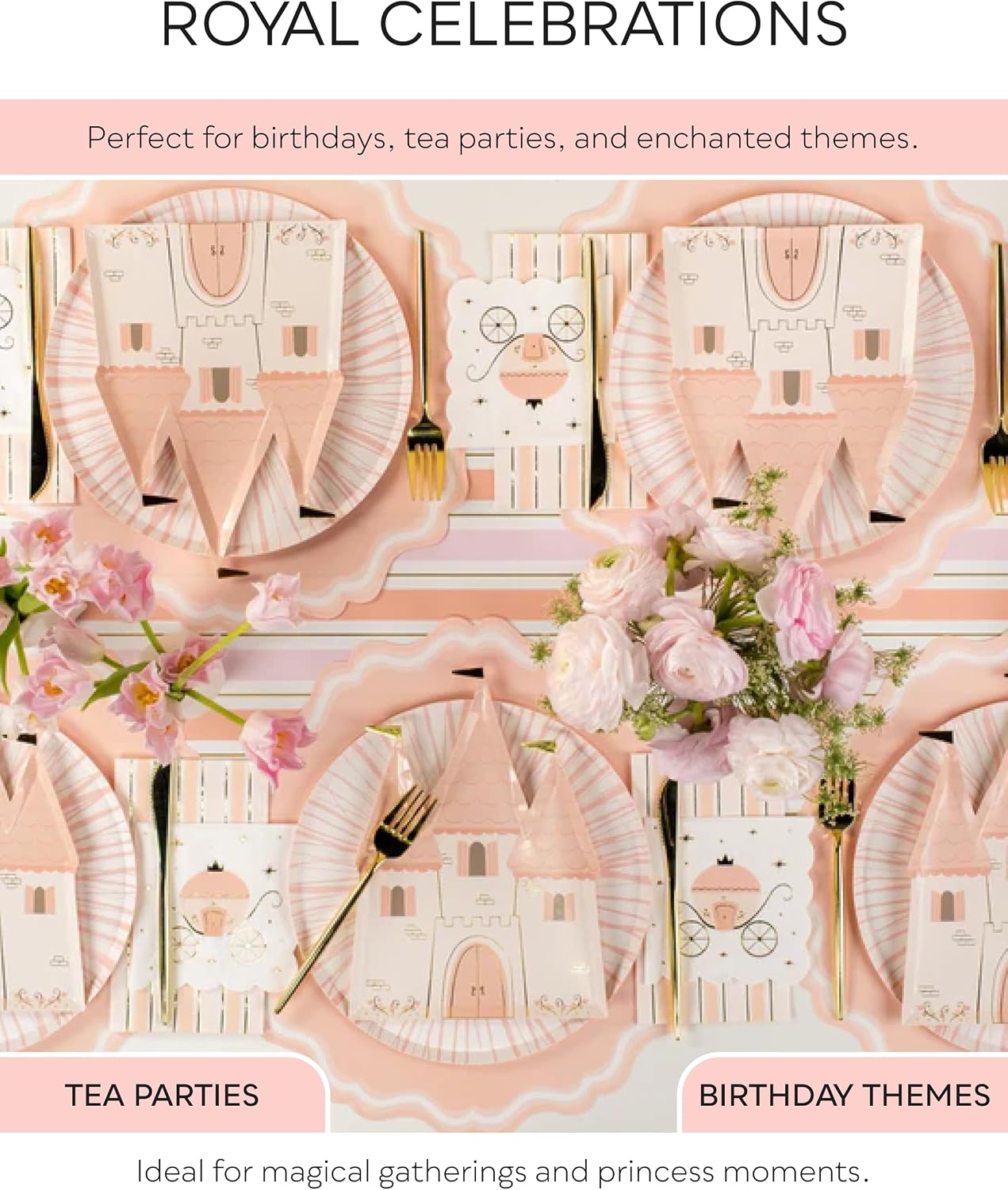 Princess Carriage Cocktail Napkins, Pink and White, Scalloped Edges, Gold Foil Details