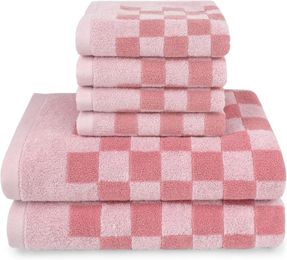 Pink Bathroom Towels Set of 6, Checkered Bath Towels 2-Pack and Hand Towels 4-Pack, Cotton Absorbent Towels for Girls Women