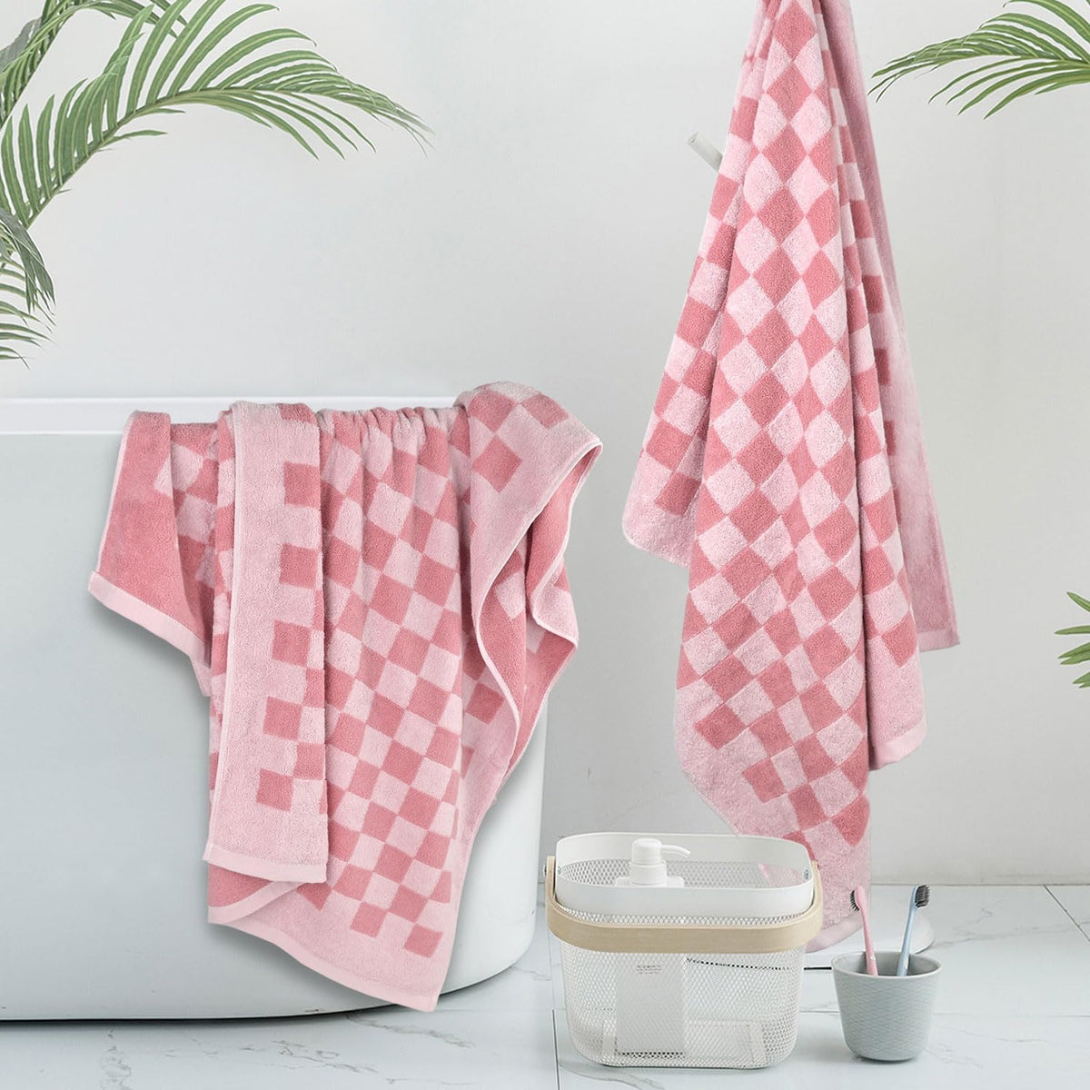 Pink Bathroom Towels Set of 6, Checkered Bath Towels 2-Pack and Hand Towels 4-Pack, Cotton Absorbent Towels for Girls Women