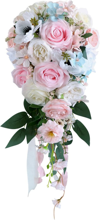 9.5 Inch Cascading Wedding Bouquet for Bride Cascade Artificial Rose Flower Bride Bridal Bouquet Rustic Boho Wedding Ceremony Anniversary Bridal Shower Light Pink