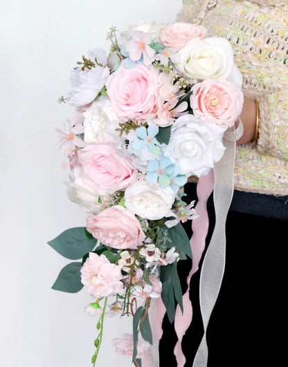9.5 Inch Cascading Wedding Bouquet for Bride Cascade Artificial Rose Flower Bride Bridal Bouquet Rustic Boho Wedding Ceremony Anniversary Bridal Shower Light Pink