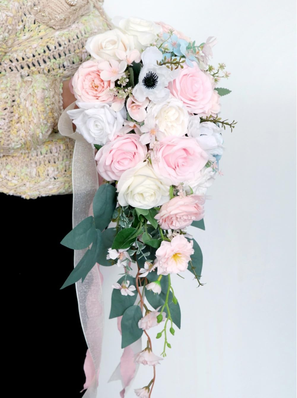 9.5 Inch Cascading Wedding Bouquet for Bride Cascade Artificial Rose Flower Bride Bridal Bouquet Rustic Boho Wedding Ceremony Anniversary Bridal Shower Light Pink