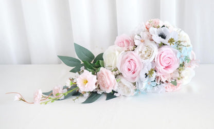 9.5 Inch Cascading Wedding Bouquet for Bride Cascade Artificial Rose Flower Bride Bridal Bouquet Rustic Boho Wedding Ceremony Anniversary Bridal Shower Light Pink