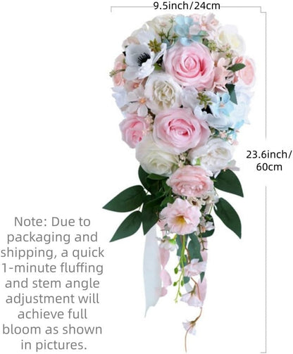 9.5 Inch Cascading Wedding Bouquet for Bride Cascade Artificial Rose Flower Bride Bridal Bouquet Rustic Boho Wedding Ceremony Anniversary Bridal Shower Light Pink
