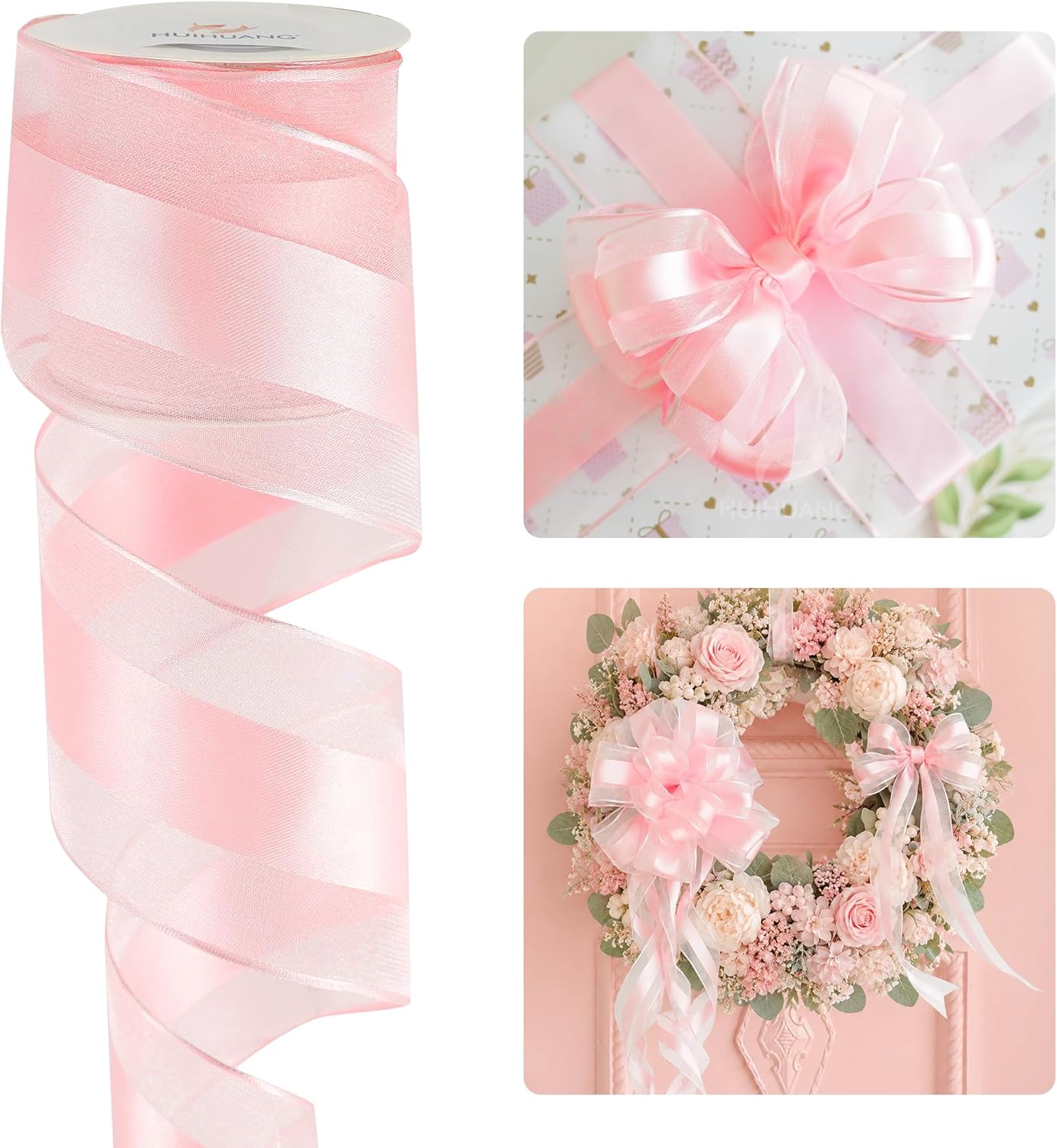 Pink Sheer Christmas Ribbon 2.5 inch Light Pink Wired Organza Ribbon with Satin Stripe, for X-mas Tree, Bows Making, Wreaths, Gift Wrapping, Wedding Bridal Shower Decor-Continous 10 Yards