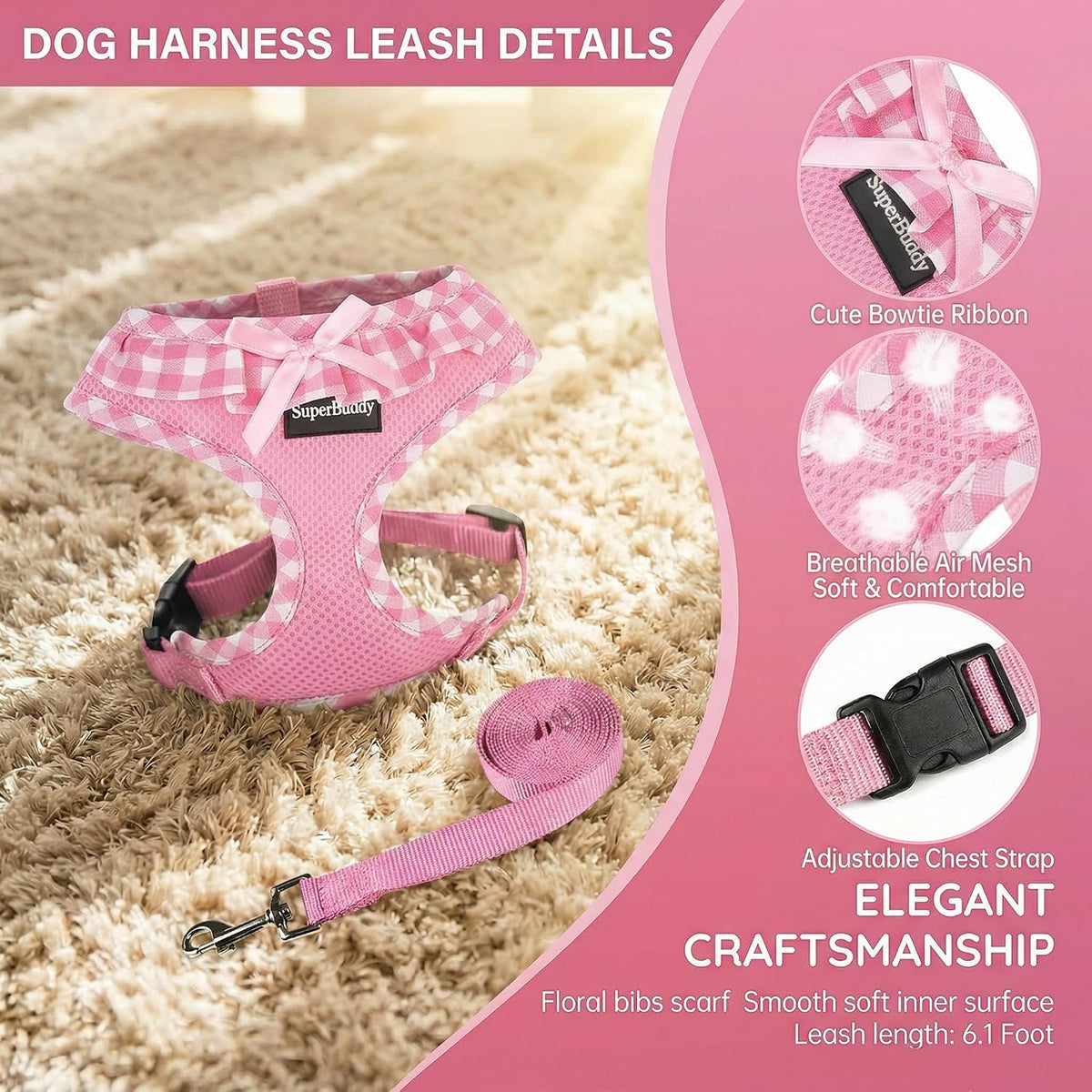 Upgraded Soft Mesh Dog Harness, Super Breathable Lightweight Pet Harnesses for Puppy Dogs Outdoor Walking, Pink Dog Harness and Dog Leash Set Packing -Small
