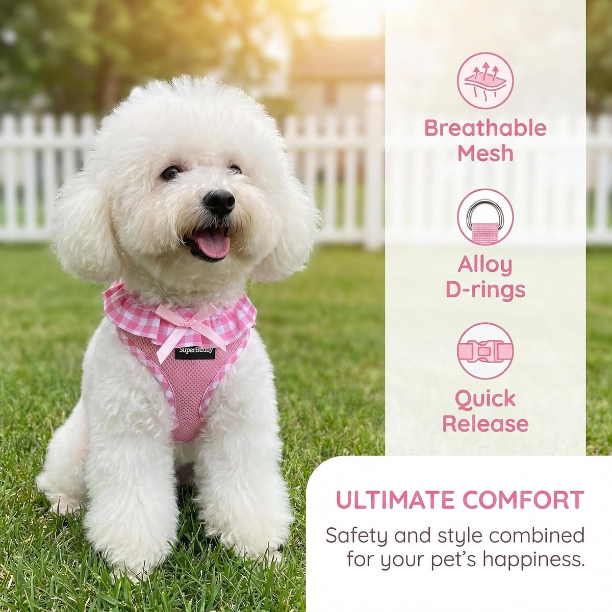 Upgraded Soft Mesh Dog Harness, Super Breathable Lightweight Pet Harnesses for Puppy Dogs Outdoor Walking, Pink Dog Harness and Dog Leash Set Packing -Small
