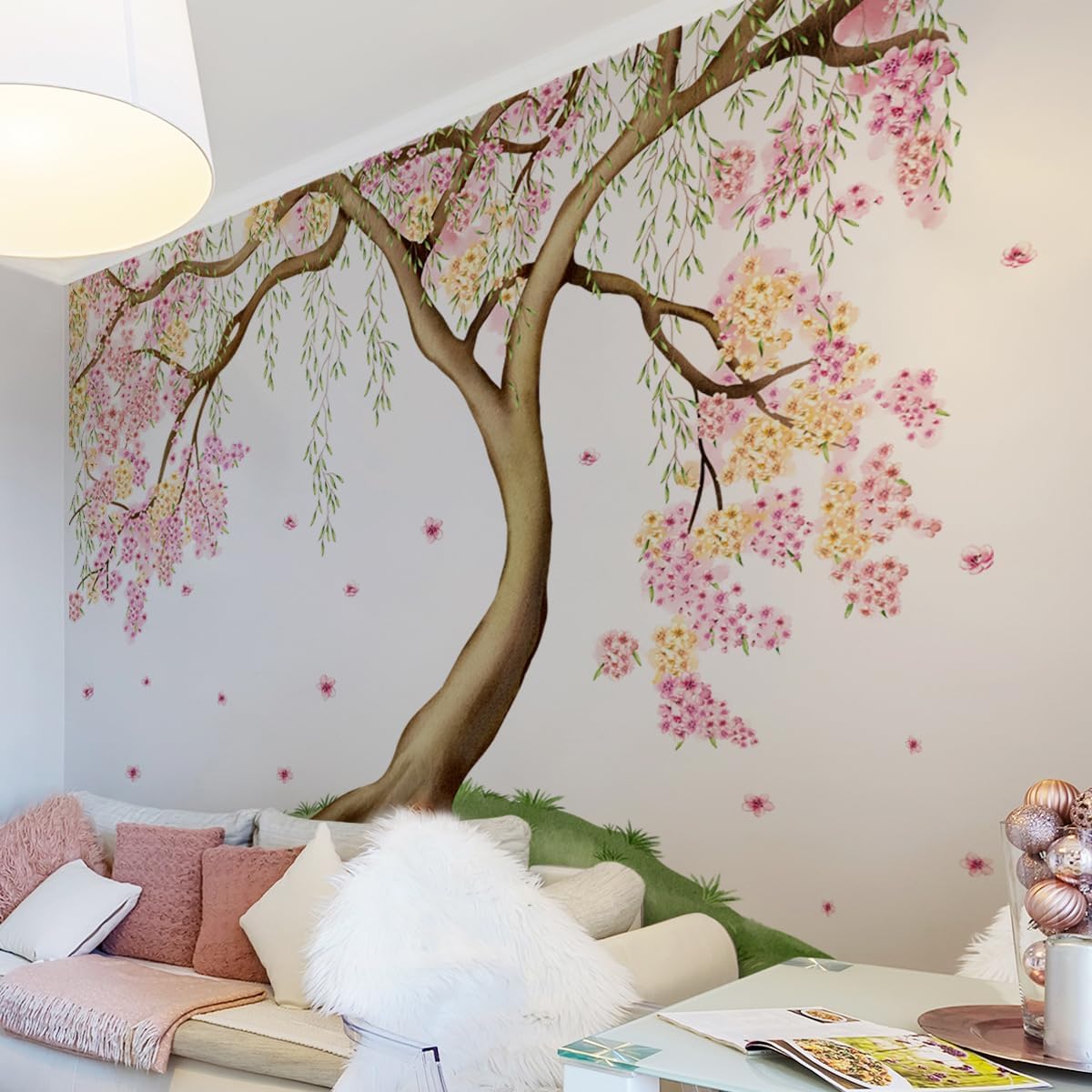 Large Pink and Yellow Cherry Blossom Tree Wall Decals Green Leaves Wall Stickers, Large Floral Wall Stickers for Living Room Tv Background Bedroom Wall Decor, 52.36 x 41.99 inches