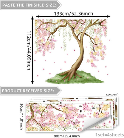 Large Pink and Yellow Cherry Blossom Tree Wall Decals Green Leaves Wall Stickers, Large Floral Wall Stickers for Living Room Tv Background Bedroom Wall Decor, 52.36 x 41.99 inches